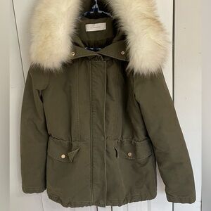 T Tahari Olive Hooded Parka with Removable Faux Fur Trim
